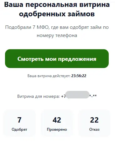 Личный кабинет Заниматика с индивидуальной ссылкой на подобранные займы
